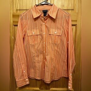 Rafaella, Women's Size 8, Button Down Long-Sleeved Top, Cantaloupe/White Striped